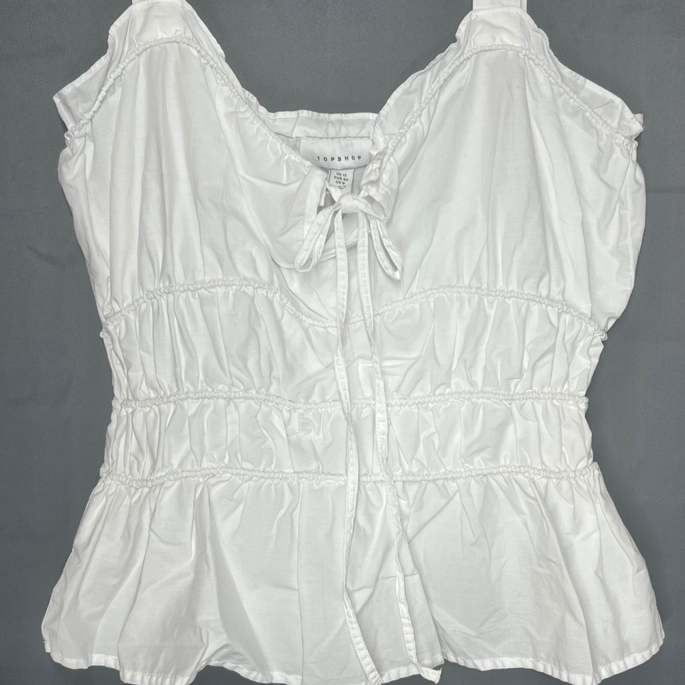 Topshop White Smocked Tie Front Peplum Cotton Camisole Top